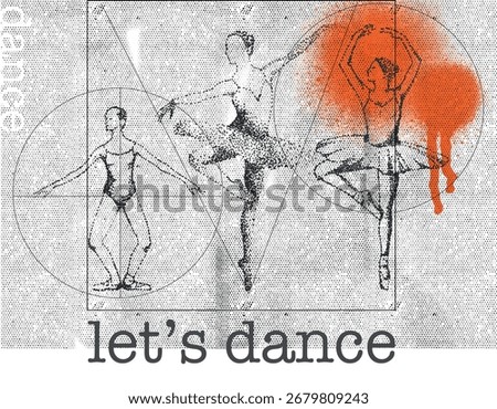 Set of dancing ballerinas silhouette pencil illustration, vector template. Modern dance performance poster. Female dancer ballerina in different poses, tiptoe, Russian classical ballet, white swan.