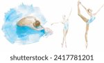 Set of dancing ballerinas silhouette watercolor illustration, vector template. Traditional dance performance. Female dancer ballerina in different poses, tiptoe, Russian classical ballet, white swan.