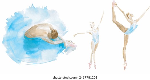 Set of dancing ballerinas silhouette watercolor illustration, vector template. Traditional dance performance. Female dancer ballerina in different poses, tiptoe, Russian classical ballet, white swan.