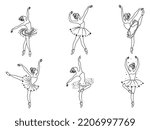 Set of dancing ballerinas with space bodies. Collection of girls in ballet stars tutu. Black and white illustration of a classical dancer.