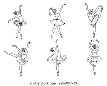 Juego de bailarinas con cuerpos espaciales. Colección de chicas en estrellas de ballet tutu. Ilustración en blanco y negro de un bailarín clásico.