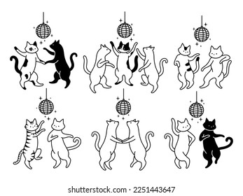 Set of dancing cats around the disco ball. A collection of funny animals. Animal lovers. Party. Vector illustration on white background.