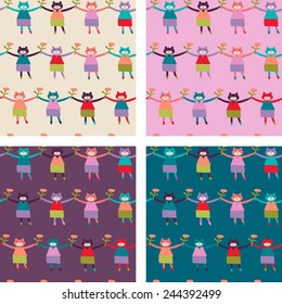 A set of dancing cats in ostumes with flowers