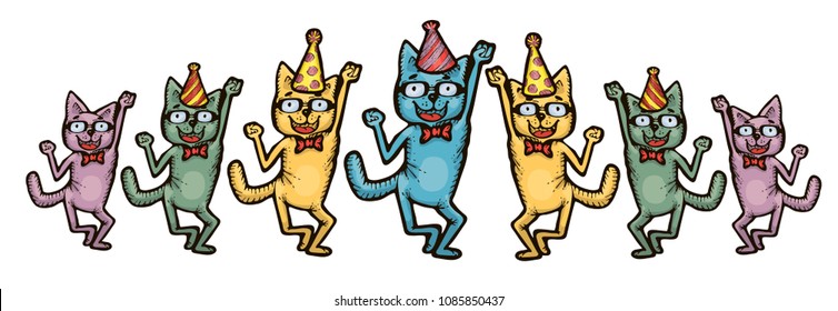 Set of dancing cats at party. Animals have fun.  Colourful illustration executed manually. Vector picture of stock.