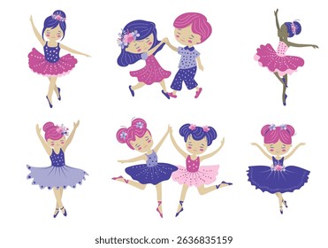 set of dancing children illustration with colorful clothes and joyful expressions.