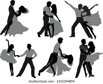 Set of dancing couple silhouettes. Isolated on white.