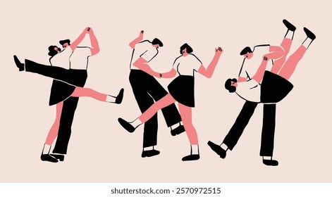 Set of dancing couples. Cartoon characters. Abstract people with small heads in dance movement. Dating, love, relationship, flirting, fun, passion, sport concept. Hand drawn trendy Vector illustration