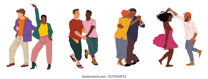 Set of dancing couples. Collection of different people dancing in various styles. Colorful flat vector illustration isolated on white background
