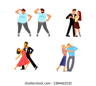 Set of dancing couples. Everybody Dance - fat people and people with disabilities, the elderly and young. Flat Art Vector illustration