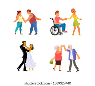 Set of dancing couples. Everybody Dance - fat people and people with disabilities, the elderly and young. Flat Art Vector illustration