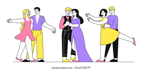 Conjunto de parejas bailarinas lineales. Hombres y mujeres enamorados. Estilo de vida activo y ocio. Parejas bailando vals o tango. Amor y romance. Colección de vectores planos Doodle aislada en fondo blanco