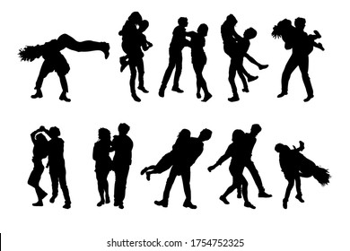 Set of dancing couples silhouettes isolated on white background. Men and women on swing, jazz, lindy hop, street dance or boogie woogie party. Young people dancing rocknroll. Stock vector illustration