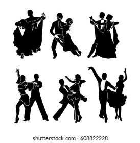 A set of dancing couples. Vector illustration. Black silhouette