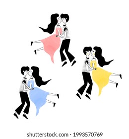 Set of dancing couples. Young people circling in a waltz. The guy throws the girl in his arms. Support in Latin dances. Simple minimal cartoon illustration for advertising dance class, retro prom 