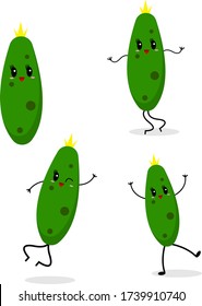 set of dancing cucumbers on a white background funny and active vegetables concept of healthy food and vitamins