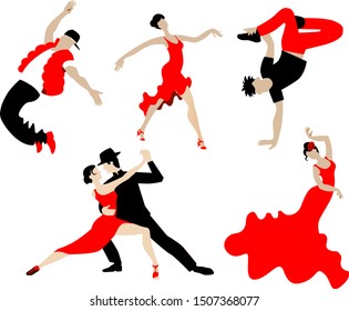 Set of dancing different dances of people in black and red.