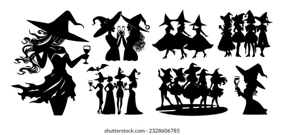 Set of dancing and drinking witches at a Halloween party. Women in witch costume. Black silhouette. Hand drawn cartoon style. Vector flat illustration isolated on white background.