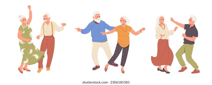 Set of dancing elderly people character romantic loving couple moving together holding hands