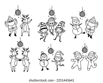 Set of dancing elves around a disco ball. A collection of Santa's helpers. Holiday gnomes. Vector illustration on white background.
