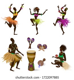 A set of dancing figures of people and African ethnic musical instruments, a Jumbo drum and various maracas. Vector illustration in cartoon style, isolated on a white background.