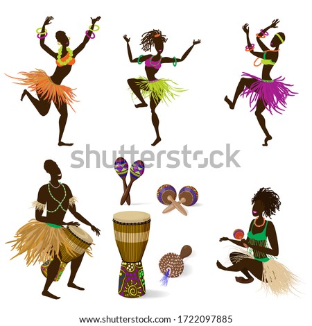 A set of dancing figures of people and African ethnic musical instruments, a Jumbo drum and various maracas. Vector illustration in cartoon style, isolated on a white background.