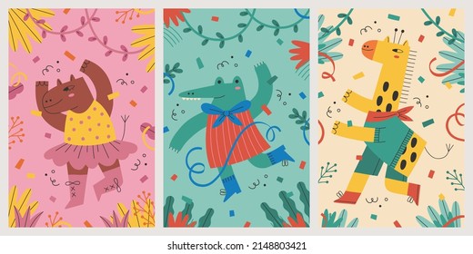 Set of dancing forest animal card poster illustration