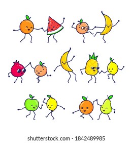 Set of Dancing Funny Fruits. White Background. Dancing Couples. Party, Fiesta, Dancing School