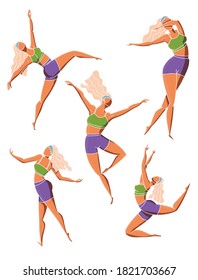 Set of dancing girl poses. Female character in different choreographic positions in sportswear. Colorful vector illustration.