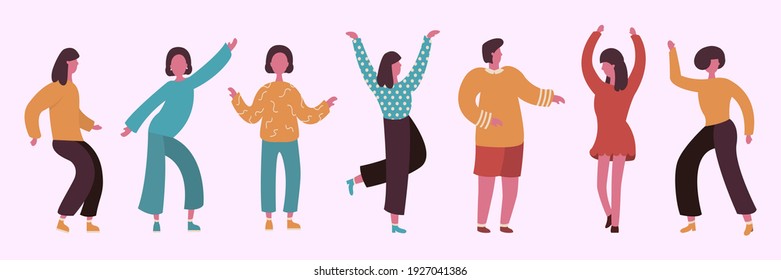 Set dancing girls, girls at the party, happy, funny, joyful, cute, modern. Set of 7 people on a white background