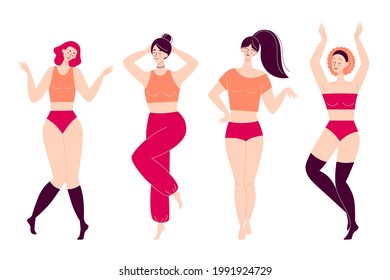 Set of dancing happy young women. Disco, sports activity, fitness, movement. Love to yourself and your body. Illustration in flat style isolated on white background