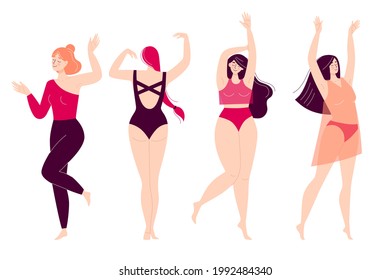 Set of dancing happy young women. Disco, sports activity, fitness, movement. Love to yourself and your body. Illustration in flat style isolated on white background