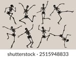 Set of dancing Human bones skeletons. Realistic collection of dancing Halloween party or Day of the dead skeletons. Collection of different skeleton poses. Skeleton are separated. Vector illustration.