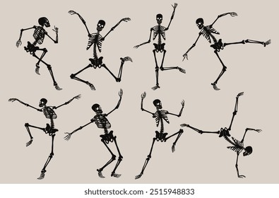 Conjunto de esqueletos de huesos humanos bailando. Colección realista de bailar la fiesta de Halloween o el Día de los esqueletos muertos. Colección de diferentes poses de esqueleto. Los esqueletos están separados. Ilustración vectorial.