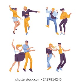 Set of dancing human couples isolated on white background. Flat vector illustration