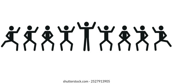  set of dancing human figures, pictogram, stick man in different positions, flat vector illustration