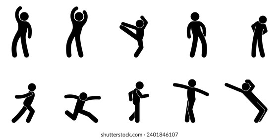 set of dancing icons, stick figure human silhouettes, dancing people, person symbol