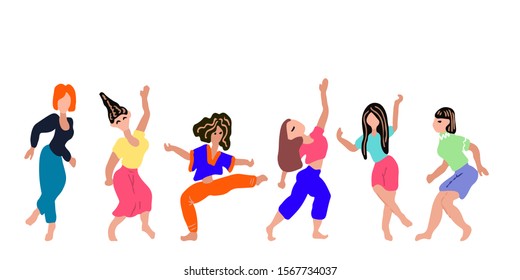 A set of dancing and jumping girls in colorful clothes. Vector illustration. Character collection. Isolated art on a white background