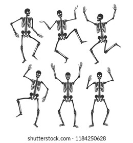 Set of dancing and jumping skeletons. Happy Halloween. 6 black silhouettes isolated on white background. Vector illustration