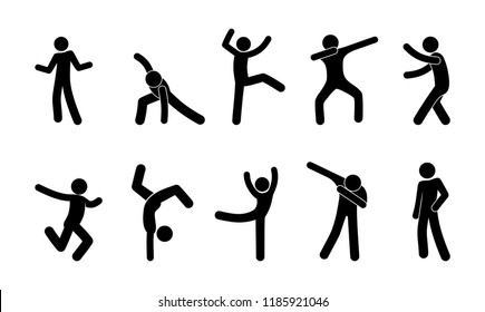 set of dancing man, stick figure human, icons people dance, dancers having fun