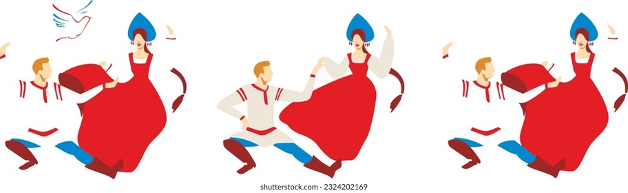 Set of dancing pair in a traditional Slavic clothes