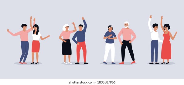 Set of dancing pairs of men and women. People move to the beat of the music. Festive mood. Happy dancing people. Holiday flat vector illustration.