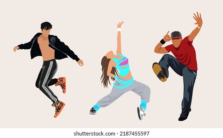 Set of dancing people. Cartoon characters. Young men and girl dancing street dance in urban hip hop style. Realistic vector art illustration.