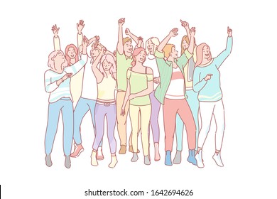 Set of dancing people concept. Group of young people men and women dance at party isolated on white background. Boys and girls, teenagers or students are dancing on dance floor. Simple flat vector