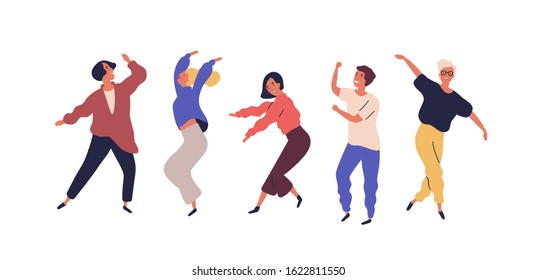 Set of dancing people having fun isolated on white background. Collection of smiling male and female in colorful clothing enjoying dance party. Cartoon dancers vector flat illustration