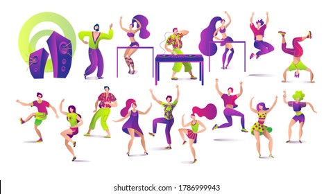 Set of dancing people isolated on white vector illustrations. Young people, dj and dance, dancers pose set, fun and happy. Disco music party celebration in club, entertainment for teenagers.