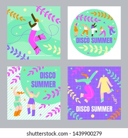 Set Dancing People, Poster Disco Summer Cartoon. Available Entertainment During Cruise. Girl Sings Song into Microphone. Women have Fun Dancing. People Learn New Dance. Vector Illustration.