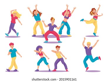 Conjunto de personas bailando en diferentes poses y movimientos. Bailarina moderna adolescente. Club de baile, fiesta, animación. Ilustración vectorial, personaje de dibujos animados. Elementos gesign para afiches, pancartas, fondo