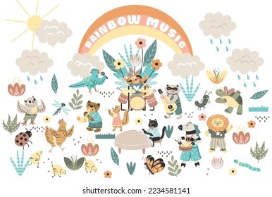 Set of dancing and playing musical instruments animals. Cute forest mammals and birds with guitar, drum and piano. Adorable design for kids. Cartoon flat vector collection isolated on white background