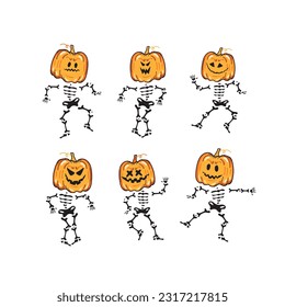 Set of dancing pumpkins on white background. Orange dancing pumpkin with smile for your design for the holiday Halloween. Vector illustration.