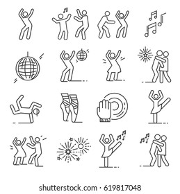 Sada tanců souvisejících vektorových linií ikon. Zahrnuje takové ikony jako diskotéka, tanec, balet, hudba, breakdance, ohňostroj, pomalý tanec, změna barvy
